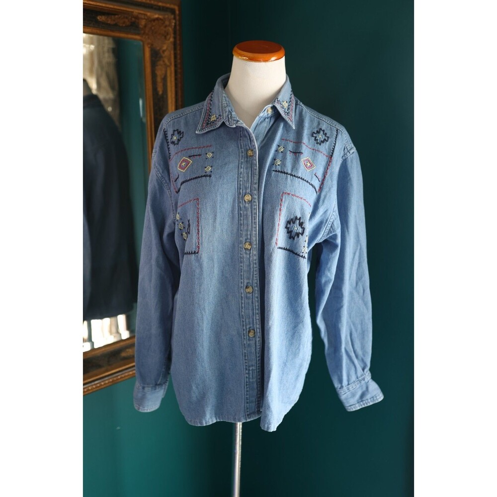 Vintage 90s Upper West Side Embroidered Aztec Western Demin Button Down